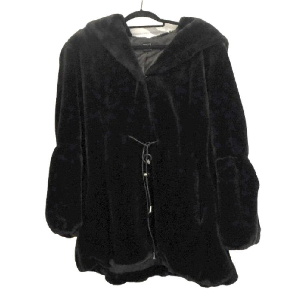 DONNA SALYERS FABULOUS FURS Black Hooded Sheared Faux Fur Anorak Coat Medium